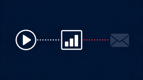 Play button connected by dotted line to an analytics chart, which leaks a red line to a stolen envelope icon, representing ShinyHunters exploiting Anodot's API to breach Vimeo user data.