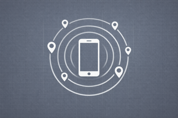 Minimalist vector art of a smartphone emitting sonar waves on a slate grey background, signifying the passive tracking of mobile devices.