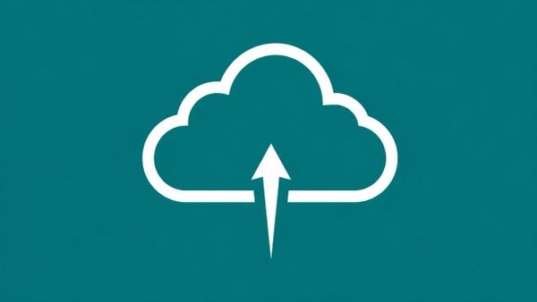 Minimalist white line art on a vibrant teal background showing a stylized cloud icon with a small upward arrow piercing the bottom, representing a malicious file upload exploit.
