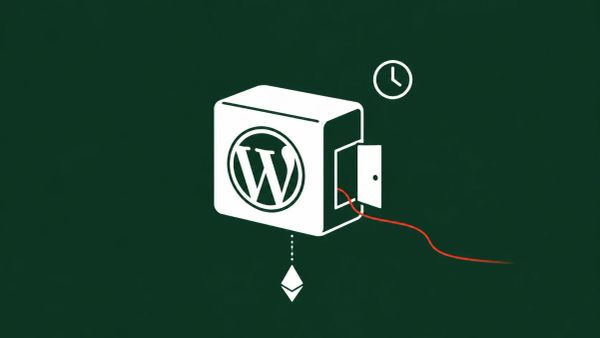 WordPress block icon with a hidden door ajar and a red data line escaping, connected to an Ethereum diamond icon, symbolizing a supply chain backdoor using blockchain command infrastructure.