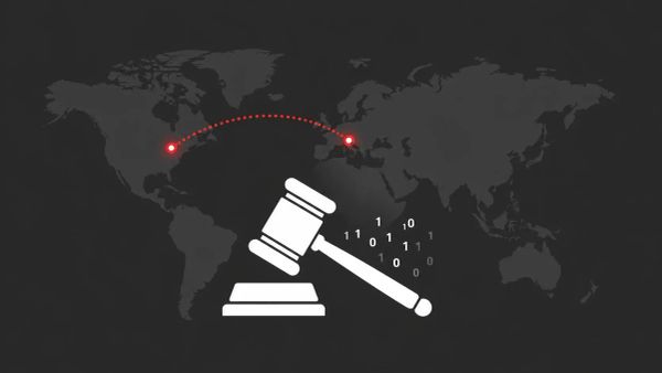 Minimalist vector on Charcoal Grey: A white gavel icon overlaid with a red digital network map representing the U.S. and Italy connection.