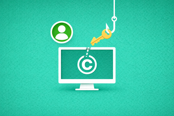 Minimalist vector art of a fishing hook stealing a key from a monitor on an emerald green background, representing the YouTube phishing scam.