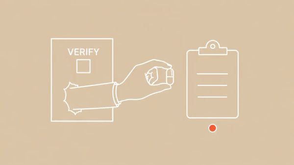 Minimalist white line art on beige: a hand emerges from a 'VERIFY' box holding a pill capsule toward a clipboard.