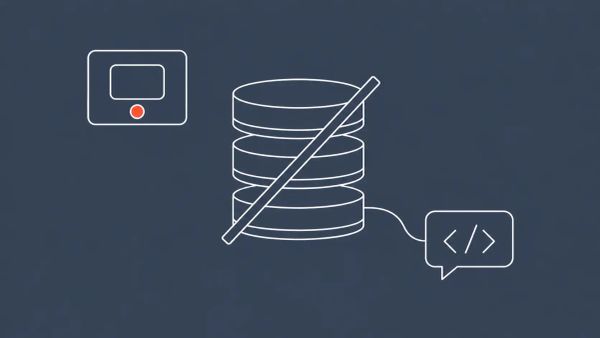 White line art on slate blue-grey: a stack of database cylinders with a diagonal slash, a video-call window with a red-orange end-call dot, and a chat bubble with code brackets.