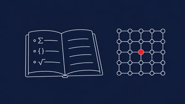 Line-art open book with mathematical equation symbols beside a small lattice grid; one lattice node carries a red dot.