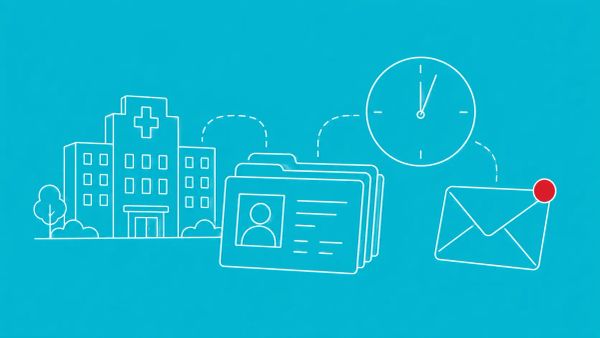 White line art on aqua: hospital silhouette, EHR record cards, ticking clock. Red dot as alert on the delayed notification envelope at center.