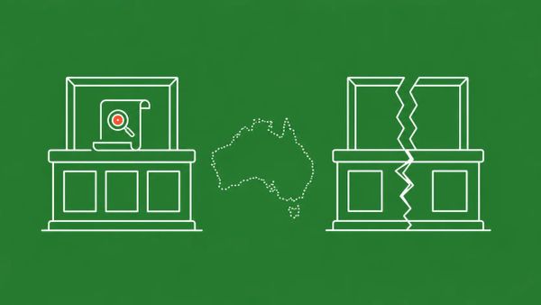 White line art on vivid emerald showing two facing tribunal-bench shapes — one intact with a folded scroll, one broken in half — connected by a faint Australian continent outline.
