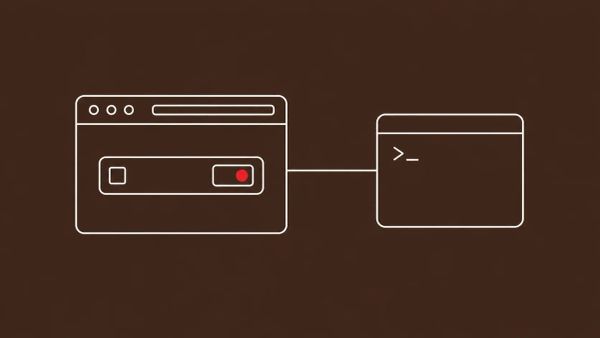 Line-art browser window with a checkbox and a button, linked through a clipboard icon to a terminal window; the button holds a red dot.