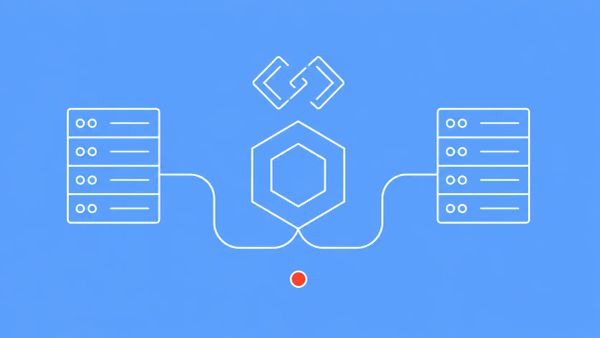 White line art on olive green: two server racks linked by a shared cable through a central hexagonal node, with a bracket-handshake symbol above and a red-orange accent dot.