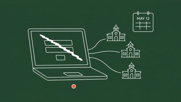 White line art on forest green: a laptop with a defaced login screen, three schoolhouse silhouettes connected by lines, a "MAY 12" calendar tile, and a red-orange accent dot.