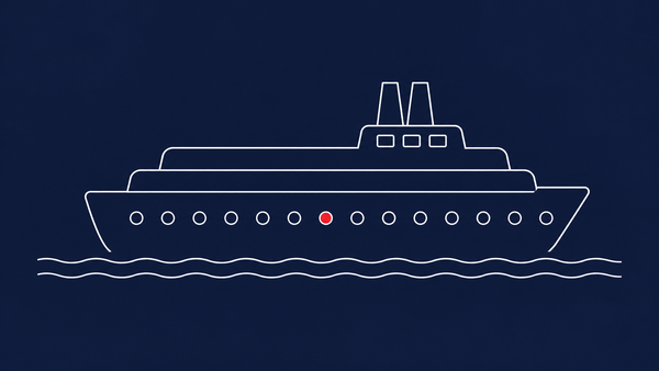 Line-art cruise-ship silhouette with a row of small porthole circles along the hull; one porthole holds a single flat red dot.