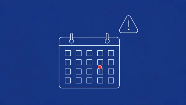 Line-art wall calendar page with a small marker on a specific date beside a small generic alert icon; red dot on the calendar marker.