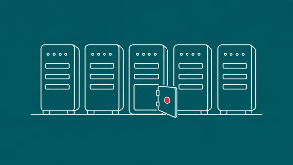 Line-art row of identical server towers; one tower has a small open door at the base of its panel, and a single flat red dot sits on the door.
