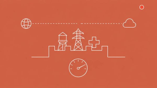 White line art on terracotta: a fortress wall protecting a water tower, transmission tower, and hospital cross; a severed dotted-line connection breaks above; isolation-mode dial below.