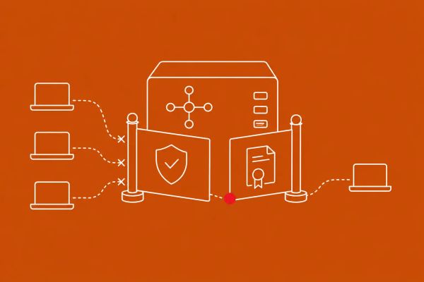 Line art on burnt orange: an SD-WAN controller node with an unauthenticated peer slipping past a certificate gate. Red dot accent on the bypassed check.