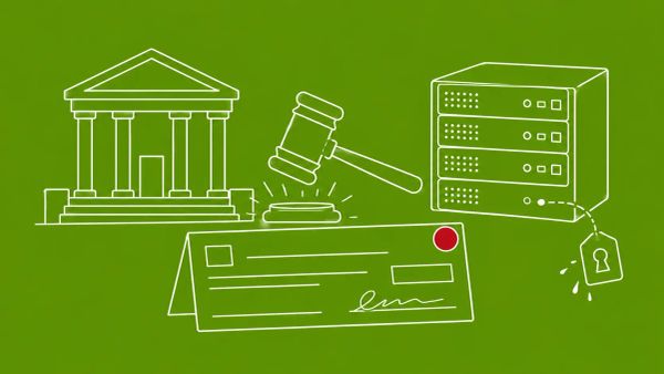 White line art on olive: courthouse silhouette, gavel, Citrix server rack with leaking session token. Red dot accent on the settlement check at center.