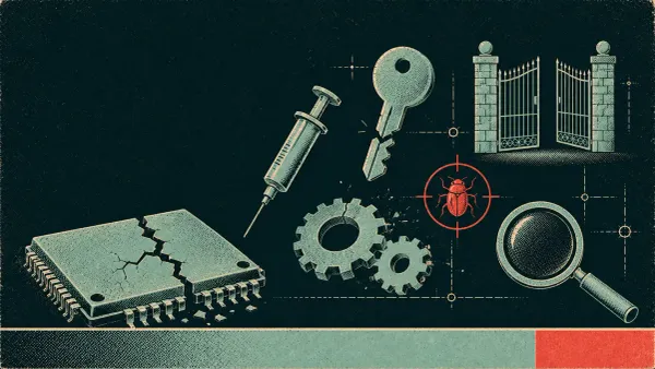 Editorial science-poster illustration of software-vulnerability symbols — a cracked memory chip, a syringe, a broken key, an open gate, and a gear.