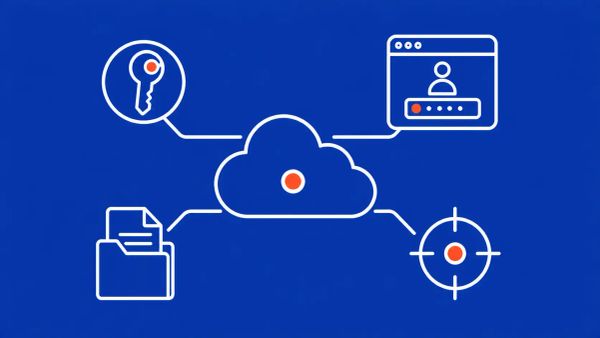 Cobalt blue background with a central white cloud icon linked by thin lines to a key, a sign-in window, a document folder, and a target reticle. Red-orange dots mark each focal point.
