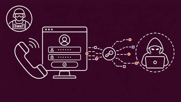 Phone handset beside an SSO login screen with a session token streaming to an attacker node, SWAT icon in the corner. White line art on dark magenta with red-orange dots.
