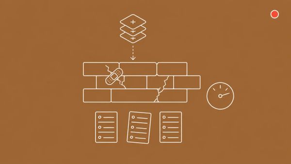 White line art on bronze: a cracked brick wall with one patched and one open crack, a stack of patch tiles descending, a remediation-cycle dial, three server racks with one tilted.