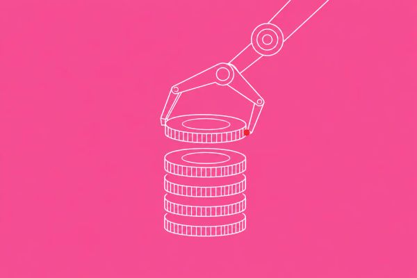 Line-art illustration of a stack of cryptocurrency coins with one being lifted away, depicting DPRK's $2.02 billion theft from the financial sector.