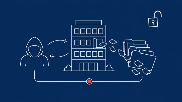 White line art on deep navy: a commercial office building with papers escaping through a cracked window, a hooded figure silhouette, a data pipe with red accent dot, and an open padlock.