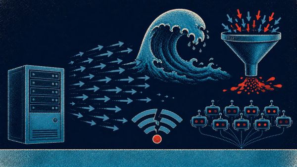 Illustration of a server being overwhelmed by a flood of traffic from many devices in a DDoS attack.
