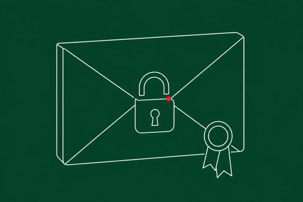 Line-art illustration of a digital envelope with a severed padlock seal, depicting the Exim Dead.Letter CVE-2026-45185 remote code execution flaw.