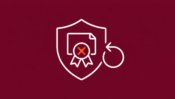 Minimalist white line art on cobalt blue showing a shield containing a certificate-ribbon icon mistakenly marked with a red X, alongside a circular restoration arrow.