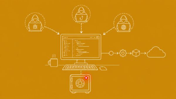 Line art on golden mustard: dev workstation with code monitor, three converging attacker arrows, deployment pipeline. Red dot accent on credential vault.
