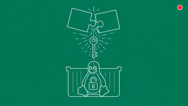 Two interlocking puzzle pieces clicking together with energy lines forming a skeleton key that descends to unlock a padlock on a Linux penguin silhouette. White line art on emerald green.