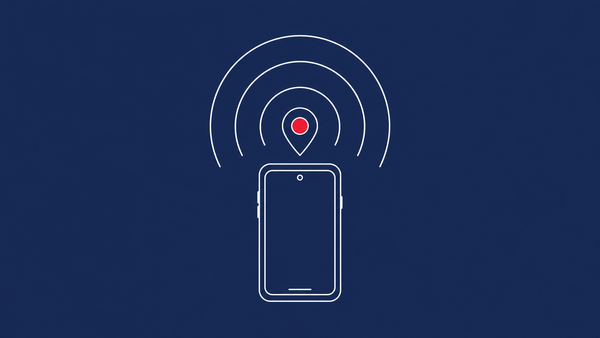 Line-art smartphone emitting concentric broadcast arcs above it, with a small map-pin icon at the center of the broadcast; the pin carries a single red dot.