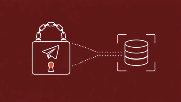 Minimalist white line art on deep burgundy showing a chained paper-airplane icon linked by a dotted funnel to three stacked coin discs captured inside a brackets-frame, with a red accent dot.