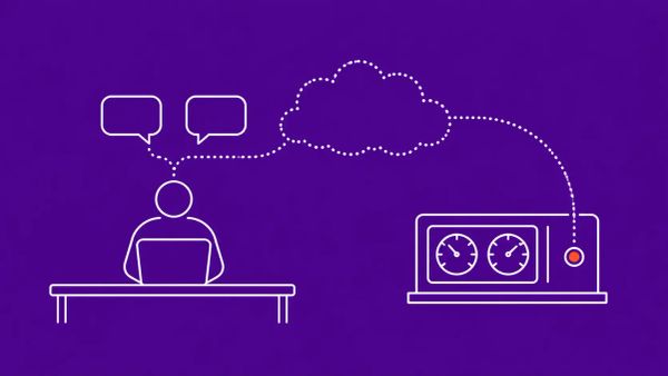 Minimalist white line art on deep purple: a person at a laptop with two speech bubbles merging into a dotted cloud that extends as a dotted line toward a SCADA panel.