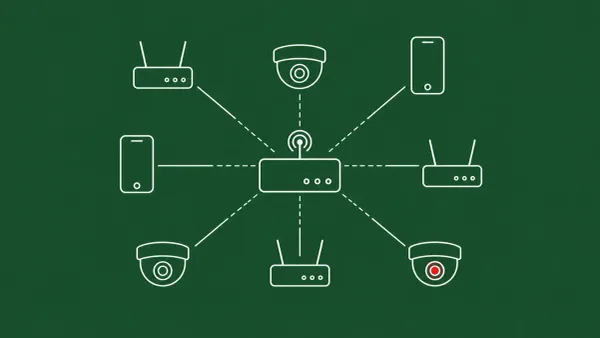 Line-art grid of small home-router, smart-camera, and smartphone icons connected by thin lines to a central hub; one icon by the hub carries a red dot.