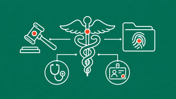 Emerald green background with a central white caduceus icon flanked by a gavel and a folder bearing a fingerprint, plus stethoscope and ID badge icons. Red-orange dots mark focal points.