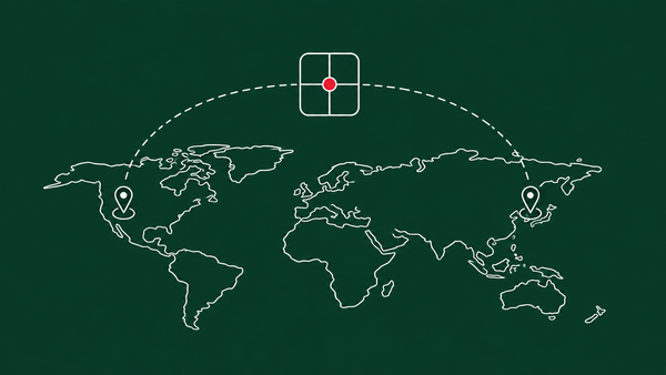 Line-art world map outline with two small flag pins and a small package box between them; the package carries a red dot.