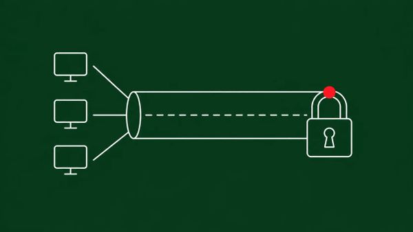 Line-art illustration of a small tunnel arch with a clean break on a deep forest-green background, with one flat red dot accent.