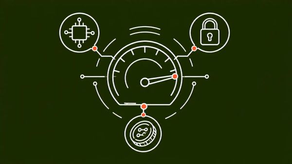 Speedometer needle pinned to maximum, surrounded by an AI chip, padlock, and coin icon. White line art on dark olive background with a red-orange accent dot at the needle tip.