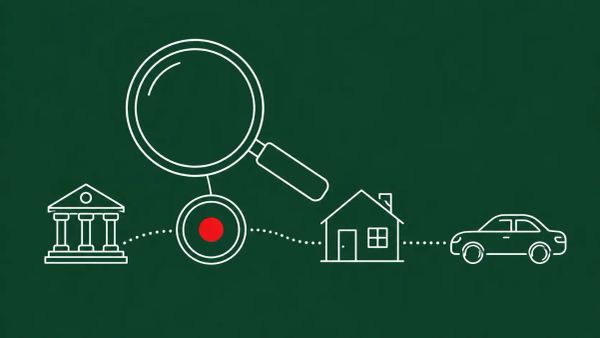 Line-art magnifying glass over a dotted trail connecting a bank, a coin, a house, and a car; the coin carries a single flat red dot.