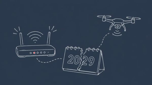 White line art on slate gray-blue: a wifi router with a 2029 calendar above it, a hovering drone, dashed signal lines. Red dot as the router status light.