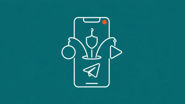Minimalist white line art on teal showing a smartphone with a paper-airplane icon and three generic brand-shape silhouettes emerging from the screen, with a red accent dot.