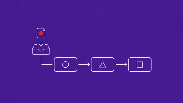 Line-art flowchart of three connected nodes with an inbox-and-arrow icon importing a file; the imported file carries a flat red dot.