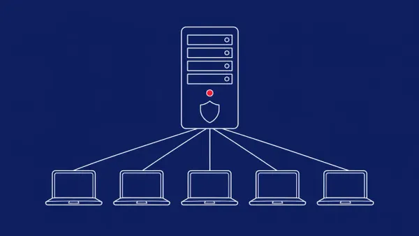 Line-art central server rack with connector lines fanning down to a row of small endpoint laptop icons; one flat red dot sits on the server.