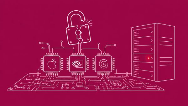 White line art on deep magenta: a circuit board with broken padlock, three connected chip silhouettes, server rack with red status light glowing.