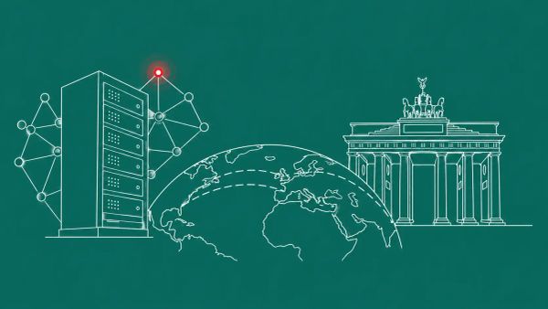 White line art on deep teal: server with neural-net glow, government silhouette, globe with tension lines. Red dot accent on alert beacon at center.