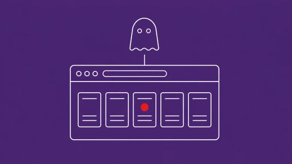 Line-art row of identical website-card icons inside a browser window, one card marked with a single flat red dot.