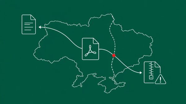 Line art on evergreen: a PDF document splitting into two paths over a map of Ukraine — one benign, one malicious RAR archive. Red dot accent on the geofence boundary.