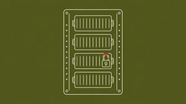 Line-art server rack holding stacked container boxes, one container's padlock hanging open and carrying a single flat red dot at its shackle.