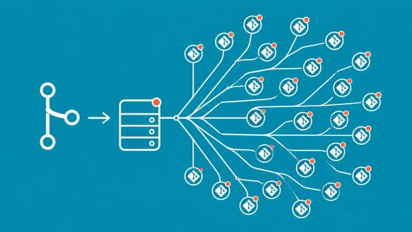 A git push arrow entering a server node with lines branching to dozens of repository icons representing cross-tenant access. White line art on electric teal background with red-orange dots.